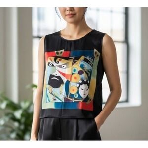 VTG 1991 100% Silk Satin Chinese Opera Mask Faces Graphic Tank Top Black Batik